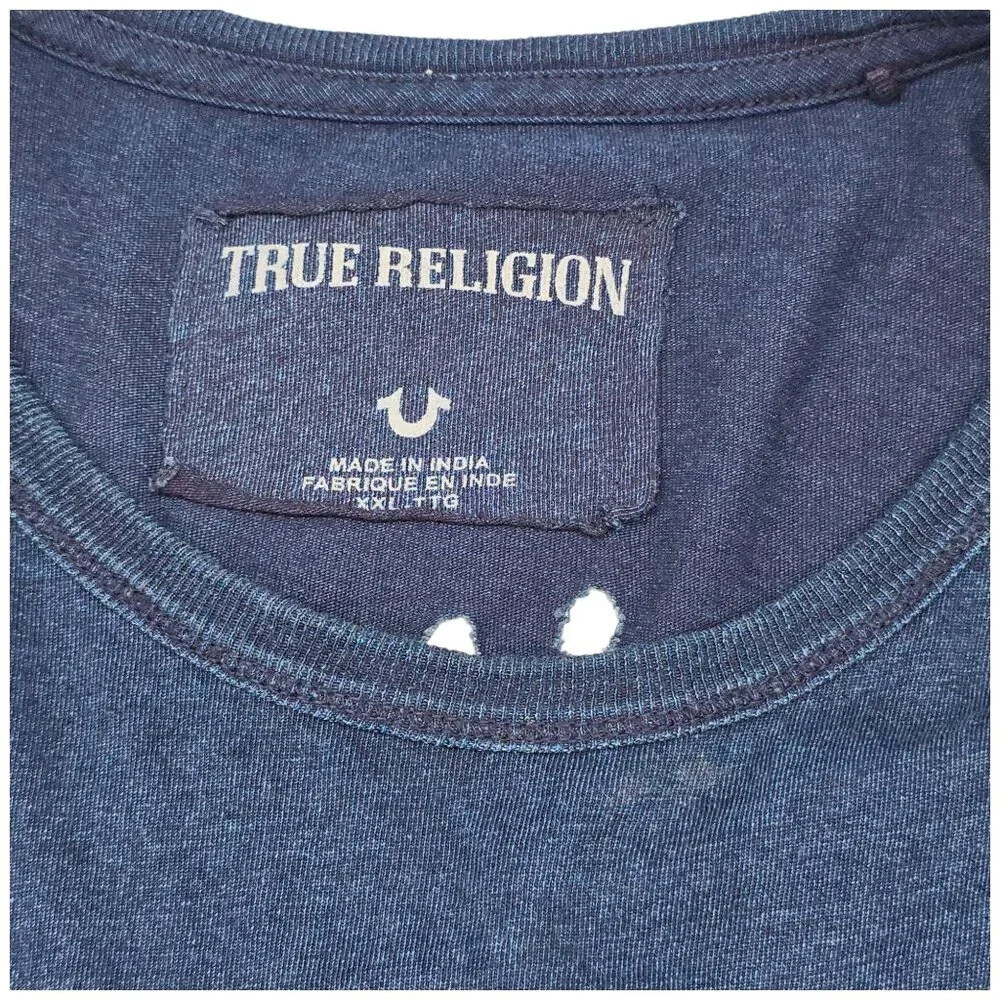 True Religion XXL Distressed Unisex Navy T-Shirt Skull Snake Roses Single Stitch